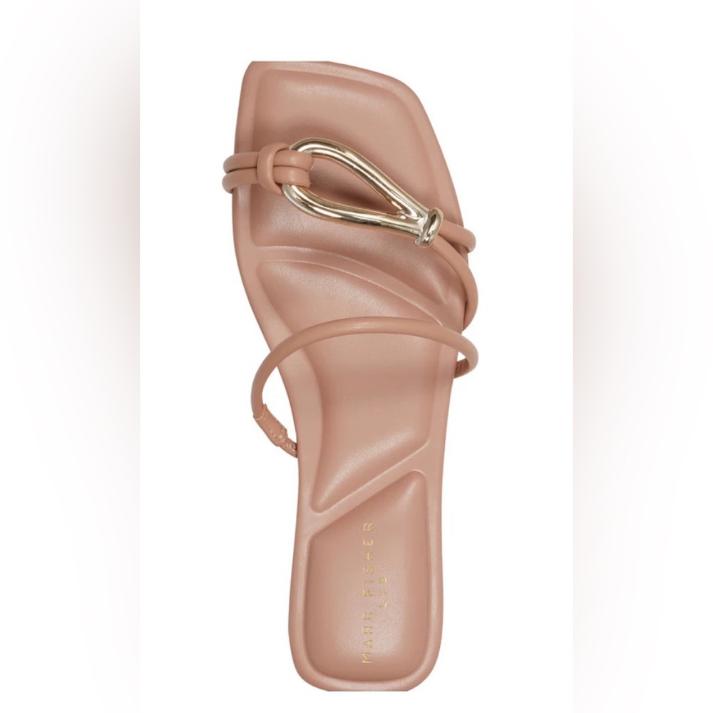 Marc Fisher Mazza Tan Sandals | Gold Accent Heels - Picture 3 of 10